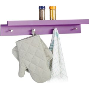 relaxdays wandhaken met plank - garderobe haken - sleutelkastje - 4 haken - wandkapstok violet