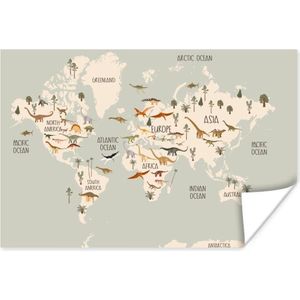 Wereldkaart kinderen - Dino's - Kinderkamer - Jongens - Meisjes - Kinderen - 180x120 cm - Poster - Poster Kinderkamer