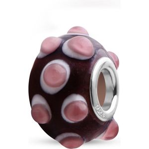 Quiges - 925 - Sterling - zilver - Glazen - Kraal - Bedels - Beads - Paars met Roze 3D Stippen - Past op alle bekende merken - Armband GZ095