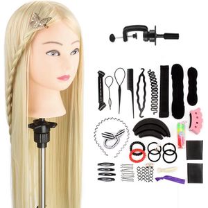 Wigs & More Oefenhoofd - Kapperspop - Kappershoofd Blond haar - Met statief en Styling Accessoires - 65 cm