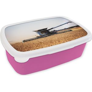 Broodtrommel Roze - Lunchbox - Brooddoos - Tractor - Boerderij - Maaidorser - 18x12x6 cm - Kinderen - Meisje