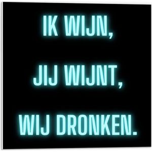 Forex - Tekst: ''Ik Wijn, Jij Wijnt, WIj dronken'' Neon Letters Blauw/Zwart - 50x50cm Foto op Forex