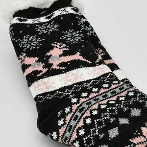 Merino Wollen sokken - Zwart met Roze Rendier - maat 39/42 - Huissokken - Antislip sokken - Warme sokken – Winter sokken