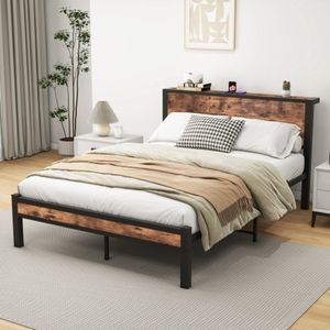 120 x 200 cm metalen frame met opbergbaar hoofdbord, eenpersoons metalen platformbedframe, geruisloos, metalen onderstel, geen boxspring nodig, vintage bruin