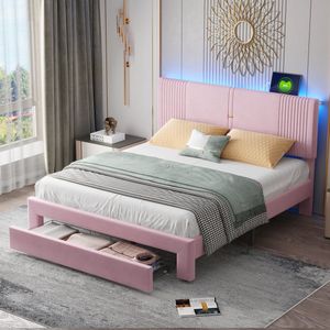 Sweiko Tweepersoonsbed - 160 x 200 cm - LED-strip + USB-aansluiting + laden - Fluwelen stof - Roze
