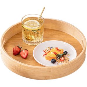 Bamboe dienblad, rond dienblad van hout met handgrepen en verhoogde rand, serveerschaal voor levensmiddelen, koffie, wijn, koffie, thee, fruit, maaltijden (38,5 x 38,5 x 5 cm)