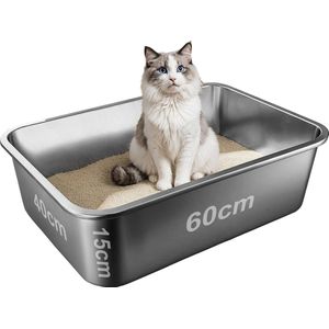 Kattenbak RVS XXL – Gemakkelijk schoon te maken – Geurvrij, Lekvrij en Vlekvrij – 60x40x15cm – Roestvrijstalen Kattentoilet – Grote Kattenbak voor Katten en Konijnen