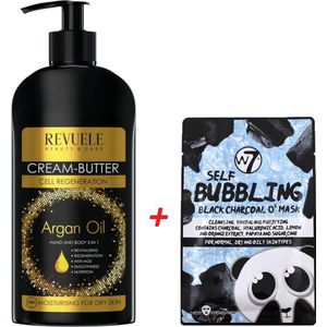 Revuele Body Butter Argan Oil 400ml met Pomp + GRATIS W7 Bubbling Black Charcoal Gezichtsmasker – Verzorgingsset voor Lichaam en Gezicht