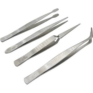 Pincetten set - 4-delig set pincetten - Pincet - Zilverkleurig - Elleboogpincet - Omgekeerd pincet - Platte kop - CHPN