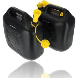 Jerrycan Benzine 10 Liter Set met Tuit | UN-Gecertificeerd – Jerrycan Benzine met Kraan | Autoaccessoires voor Auto & Motor | Brandstoftank – Zwart/Geel – 2x10L
