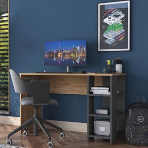 Houten design bureau met Opbergruimte - lades - laden - Schappen - Bruin tafelblad / Antraciet vakkenkast - 120x45x74