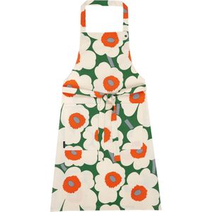 Marimekko schort Unikko groen-oranje-wit, met verstelbare nekband