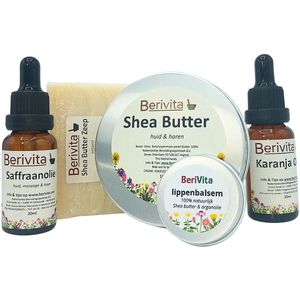 Winter Herfst Huidverzorging Set - 100% Natuurlijk - Lippenzalf 15ml, Shea Butter 100ml, Saffraanolie 20ml, Shea Butter Zeep, Karanja Olie 20ml