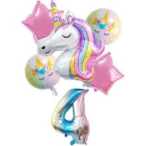 Unicorn Ballonnen – 6-Delige Folieballonnen Set – Cijfer 4