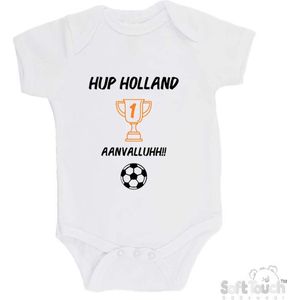100% katoenen Romper ""Hup Holland AANVALLUHH!!"" EK Voetbal Europees Kampioen Kampioenschap Oranje Unisex Katoen Wit/zwart/oranje Maat 56/62