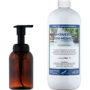 Zeepdispenser 300 ml amber bruin hervulbaar + 1 liter Showergel Zen Moment navulling