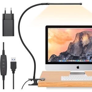 Dimbare LED-bureaulamp met 3 kleurtemperaturen en 10 helderheidsniveaus, flexibele zwanenhals met USB-oplader