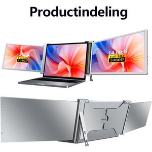Virello® Portable Monitor Pro 2025 - 2x Full‑HD IPS 14″ scherm - Voor Laptops van 14"" t/m 17.3"" - Laptopscherm uitbreider - USB-C/USB-A & HDMI - Inclusief Hoes & Kabels - Grijs - 2 jaar garantie