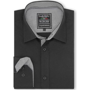 Heren Overhemd - Slim Fit - Chambray Contrastbeleg - Zwart - Maat L