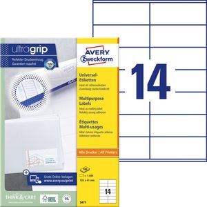 Avery witte etiketten QuickPeel  formaat 105 x 41 mm (b x h) 1.400 stuks 14 per blad doos van 100 blad