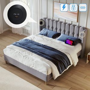 Gestoffeerd tweepersoonsbed, met USB-oplaadhoofdeinde, stoffen bed, jeugdbed, bedframe met lattenbodem, linnen, zonder matras, grijs, 140 x 200 cm