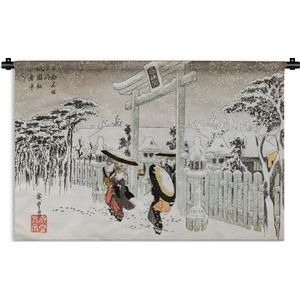 Wandkleed Geschilderde Winter - Antieke illustratie van Japanse poort in de winter Wandkleed katoen 180x120 cm - Wandtapijt met foto XXL / Groot formaat!