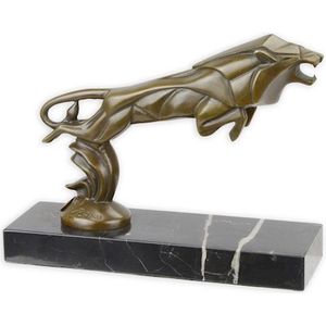 Art Deco Leeuw Beeld - Bronzen Beeld - Kunst Sculptuur - Brons op Marmer - Leeuwen Beeldje - Auto Mascotte Decoratie - 22x7x17