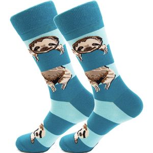 Winkrs | Sokken Heren Lichtblauw - Grappige Gestreepte Sokken met Luiaard | 39-45