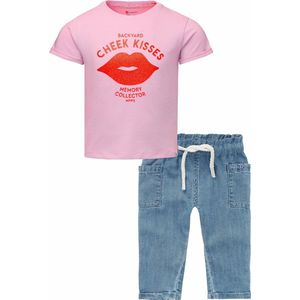 Noppies - kledingset - 2delig - Meisjes - Broek Denim medium wash - shirt Gliwice Bright Pink - Maat 98