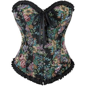 Jacquard - Strapless Overbust Korset - Zwart - Vintage Satijnen Vetersluiting