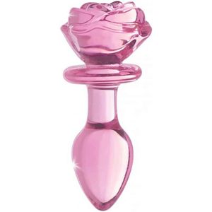 XR Brands Pink Rose - Glass Butt Plug - Medium pink