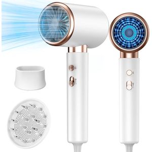 Haardroger Föhn - Fohn met Diffuser en Mondstuk - 2400 Watt - 3 Snelheden Standen Warm Koud - AC Motor - Haar Droger - Wit Goud