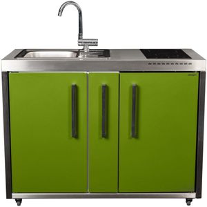 Minikeuken BeNeLux Stengel MO120 A voor gemonteerde metalen outdoorkeuken met koelkast - inductie kookplaat - water en electriciteits aansluiting inclusief alle toebehoren Appel Groen