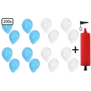 200x Ballonnen lichtblauw en wit + ballonpomp - Ballon carnaval festival feest party verjaardag landen helium lucht thema
