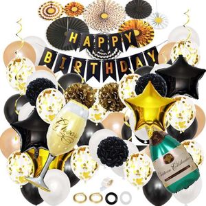 Joya Beauty® Goud, Zwart & Wit Decoratie Verjaardag Feestpakket XL Oud & Nieuw met Papieren Confetti Ballonnen | Champagne Fles & Glas Ballon | Happy Birthday | Helium Ballon | Geslaagd