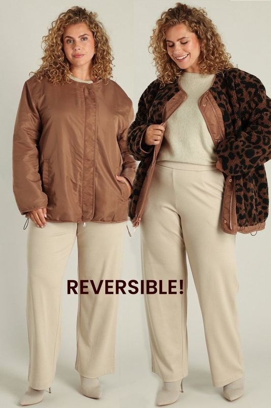 YEST - CURVE Anouk - Winterjas - Warm Taupe - Reversible met Animalprint