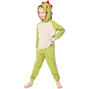 Ladeheid Kinderen Pyjama - met Capuchon - Lange mouwen - Lange broek - Katoen - LA-LA40-236-PJ - Groene Dino - 146-152