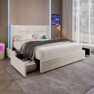 Modern 160 x 200 cm bedframe met LED -verlichting in het hoofdeinde, 4 praktische opbergladen, dikke vulling, USB dubbele verbindingen en elegante bedvleugels voor extra, beige