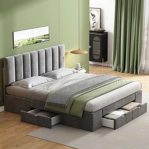 Crossover Retail® - Tweepersoonsbed 160x200 - Bed Met Opbergruimte - 4 Opberglades - Gestoffeerd Bedframe - Incl. Latenbodem - Fluweel Grijs