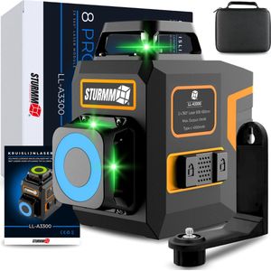 STURMM® LL-A3300 - Zelfnivellerende kruislijnlaser met 2 360° lasers - 4000mAh Ingebouwde Accu - Inclusief Magnetische Muurbeugel - Opbergkoffer - USB-C oplaadkabel