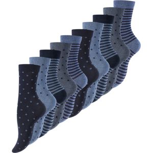 10 paar Damessokken - Dots Stripes - Jeans/Blauw-mix - Maat 39-42