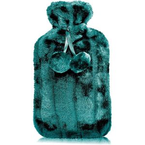 Warmwaterfles met pluizige bonthoes en pompoms - groot - pijnverlichting en gezellig comfort - Aqua groen