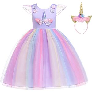 Joya® Paarse Eenhoorn Verkleed Jurk Set | Unicorn Jurk kostuum | Prinsessen jurk verkleedjurk + Haarband | Maat 146-152 (150) | Cadeau meisje