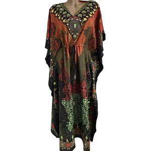 Kaftan met aantrekkoord en v hals 163 One size 36-50 oranje/groen