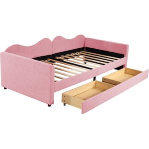 Merax Teddy Stof Slaapbank 90x200 cm - Gestoffeerd Eenpersoonsbed - Kinderbed met 2 Lades - Roze