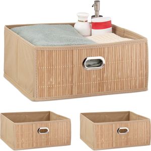 Relaxdays 3x opbergmand badkamer - bamboe mand - kast organizer - opbergdoos stof - natuur