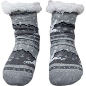 Huissokken - Kerstsokken - Wintersokken - Warme wintersokken - Thermo - Gevoerd - Unisex - Kleur Grijs met Wintermotief - Maat 35 T/M 38 - Antislip - Cadeau - Kerst