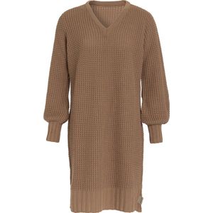 Knit Factory Robin Dames Jurk - Gebreide Trui Jurk - Wollen jurk - Herfst- & winterjurk - Wijde jurk - V-hals - Nude - 40/42 - Knielengte