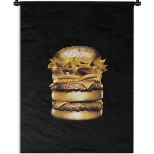 Wandkleed Goud - Gouden hamburger op een zwarte achtergrond Wandkleed katoen 90x120 cm - Wandtapijt met foto