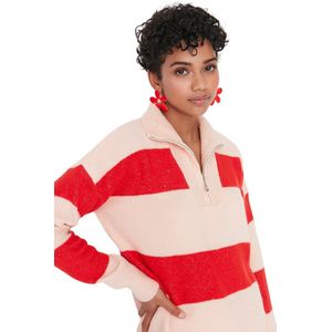 Trendyol Beige Brede Patroon Zachte Textuur Rits Gebreide Trui Twoaw22Kz0424